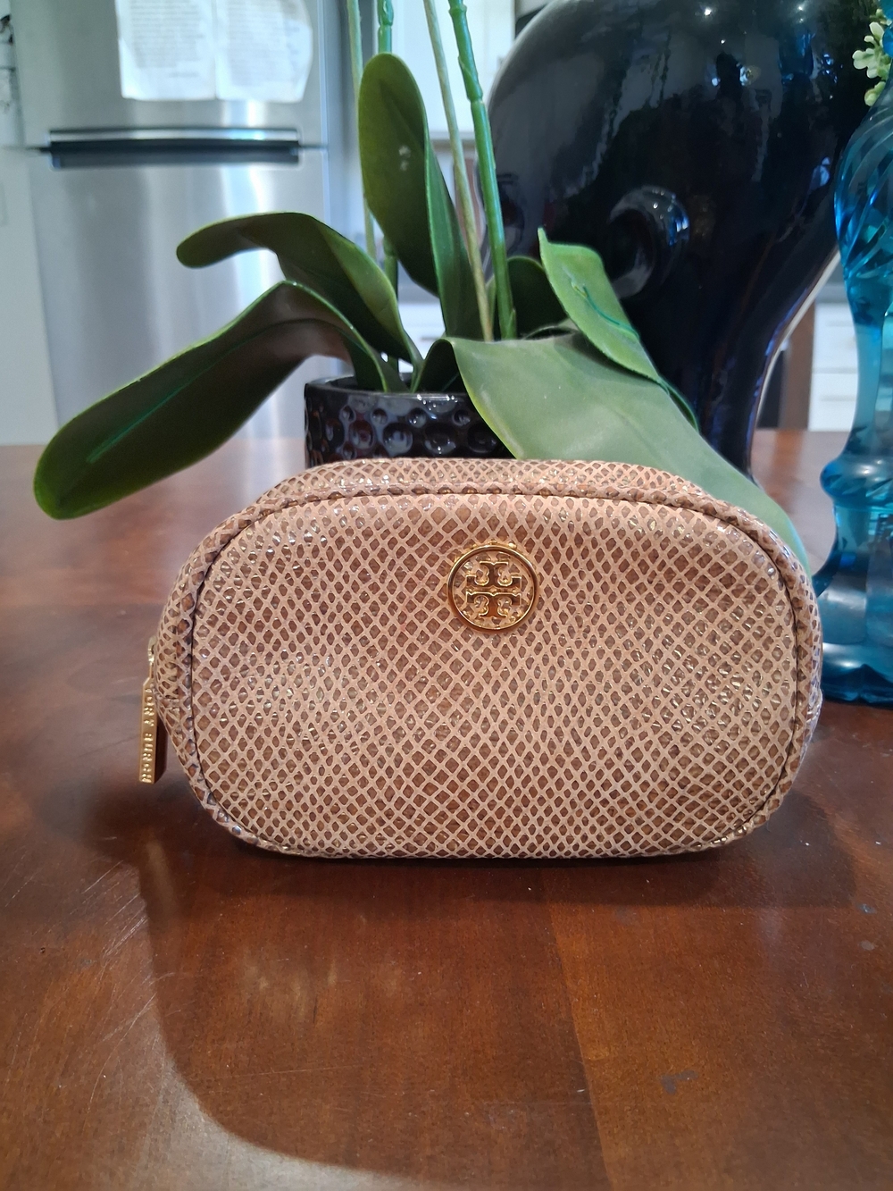 Tory Burch Blush Quilted Snake-Embossed Cosmetic Pouch with Gold Logo